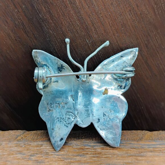 Vtg Signed Bell 3 LMT 925 Sterling Silver & Abalone Shell Butterfly Brooch Pin - Picture 5 of 5